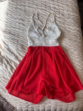 White Lace & Red Skort Romper